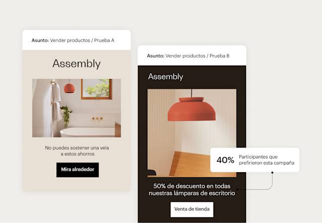 Ejemplo de la interfaz de usuario de Mailchimp que muestra dos variantes de un correo electrónico a las que se les realizan pruebas A/B entre sí con resultados que indican qué variante fue más efectiva.