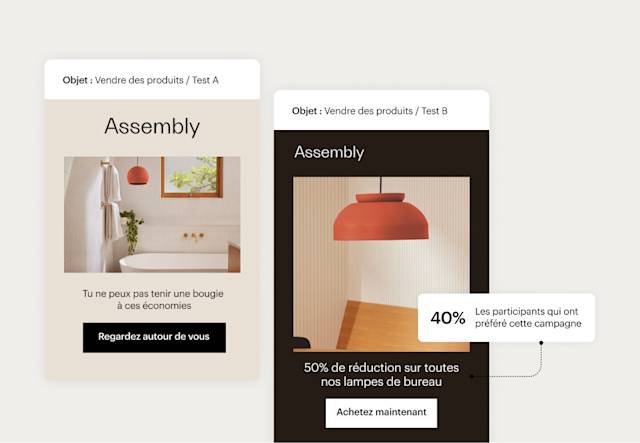 Exemple d'interface utilisateur de Mailchimp présentant deux variantes d'un e-mail faisant l'objet de tests A/B les comparant l'une à l'autre avec des résultats indiquant quelle variante a été la plus efficace.