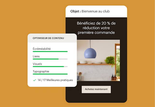 Exemple d'interface utilisateur de Mailchimp affichant l'optimiseur de contenu qui évalue un exemple d'e-mail en fonction de sa capacité à être survolé, de la qualité des liens, de la qualité des visuels et de la qualité de la typographie, et en fonction du respect des bonnes pratiques du secteur.