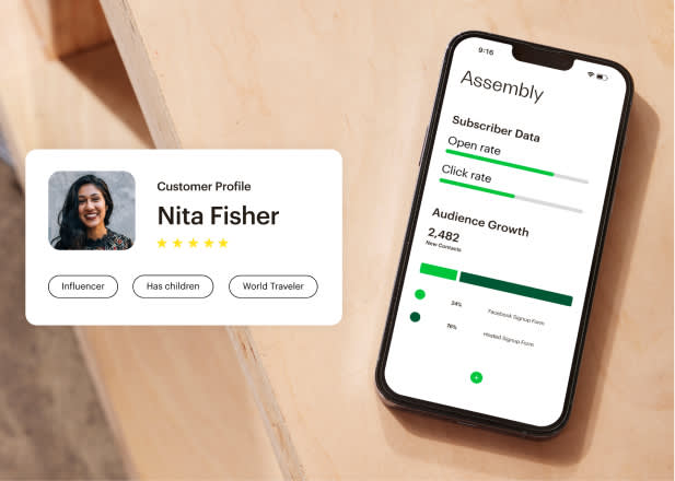 A smartphone showcases audience growth analytics alongside a Mailchimp customer profile card for Nita Fisher, labeled as an influencer. Icons reveal her as a parent and world traveler, capturing the essence of her dynamic lifestyle.