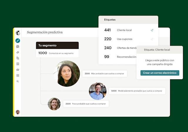 Interfaz de usuario de Mailchimp que muestra segmentación predictiva y etiquetado de público