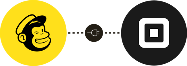 Mailchimp logo on the left and Square logo on the right, connected by a plug icon to illustrate easy platform integration.