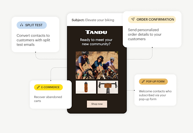 Some pre-built email automations available in Mailchimp, like split-testing, order confirmation, and abandoned cart recovery.