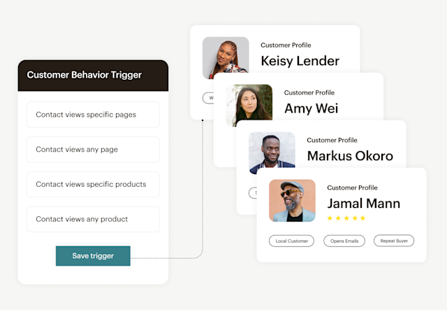 Example customer behavior triggers, such as viewing a specific page or product, next to customer profiles they can be set on.
