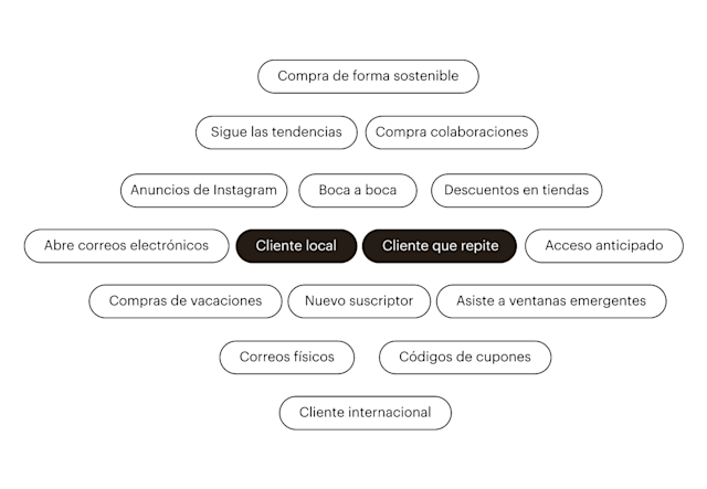 Una variedad de segmentos de ejemplo que se pueden dirigir a campañas de Mailchimp, como “Cliente local” y “Cliente repetido”.