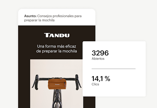 Se muestra un ejemplo de correo electrónico de marketing junto a las estadísticas de apertura y clics de Mailchimp.