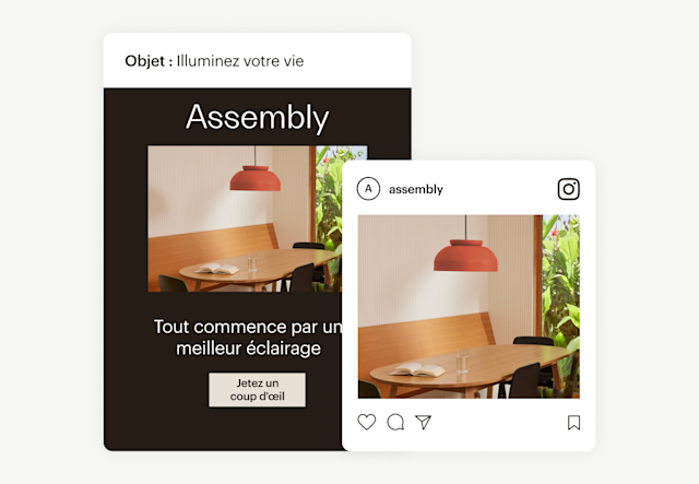 Un e-mail et une publication sur les réseaux sociaux avec la même image de produit dans différentes dimensions, facilités avec le Content Studio de Mailchimp.