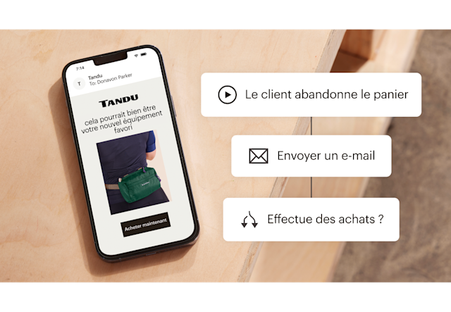 Une automatisation du parcours client utilisée pour envoyer un e-mail lorsqu'un client abandonne son panier d'achats en ligne.