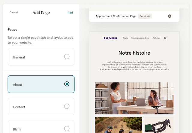 Un site Web d'e-commerce en cours de conception dans le créateur de pages de Mailchimp, prêt à ajouter une nouvelle page À propos en un seul clic.