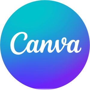 Circular Canva logo with Turquoise, Blue, Violet gradient fill and the text “Canva” in script font.