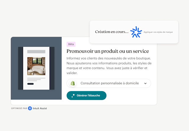 Barre d'invite Intuit Assist indiquant « Création en cours... application de vos styles de marque », au-dessus d'une interface utilisateur indiquant « (Bêta) Promotion d'un produit ou d'un service : informez vos clients des nouveautés de votre boutique. Nous ajouterons vos informations produits, les styles de marque et votre contenu. Vous avez juste à vérifier et valider ». Un bouton sous le texte indique « Générer l'ébauche ».