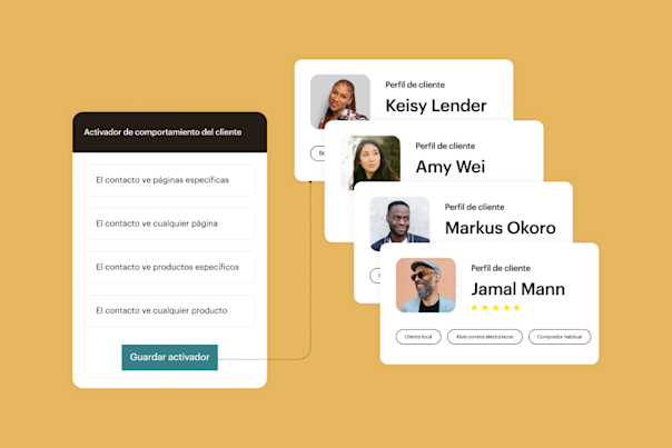 Un activador de comportamiento del cliente con 4 opciones. Cuatro perfiles de clientes diferentes a su derecha.