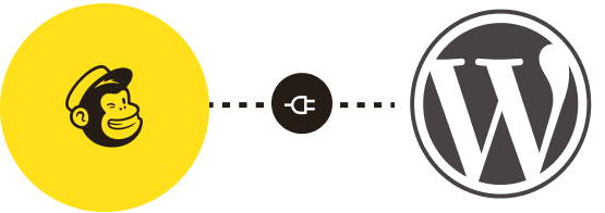 Mailchimp logo connecting to Wordpress logo with plug icon in between.
