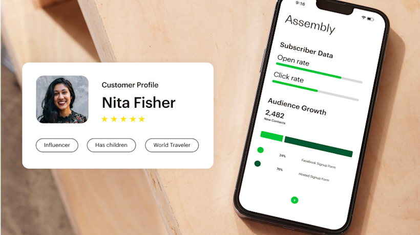 The Mailchimp app with detailed audience metrics, like open and click rate, next to a customer profile card.