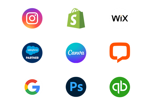 Logos stacked three-on-three. In the top row are Instagram, Shopify, and Wix. In the middle row are Salesforce, Canva, and LiveChat. In the bottom row are Google, Photoshop, and Quickbooks. 