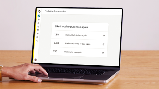Laptop shows Mailchimp’s predictive segmentation mapping contacts according to their likelihood to purchase again.