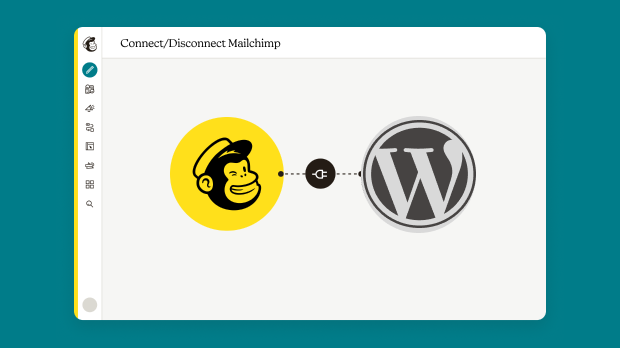 Mailchimp app screen with Mailchimp logo linked to WordPress logo with plug icon in between.